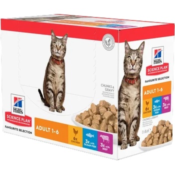 Hill's Hill’s Science Plan Feline Adult FAVOURITE SELECTION - Колекция от 12 паучове - малки късчета в сос Грейви за котки 1-6 години. /6 x с телешко, 3 x с пилешко, 3 x с океанска риба
