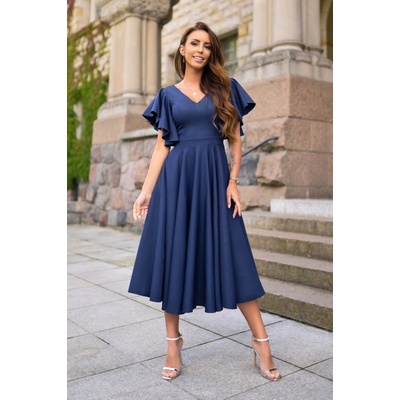 Warsaw Dress midi šaty s volánovými rukávmi tmavomodré