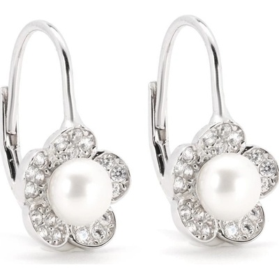 Rafity stříbrné náušnice s bílou perlou a zirkony E0080KL-0506
