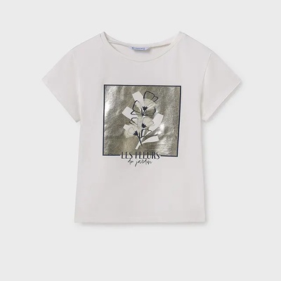 MAYORAL Бяла тениска къс ръкав бродерия цветя в цвят шампанско за момиче Майорал
