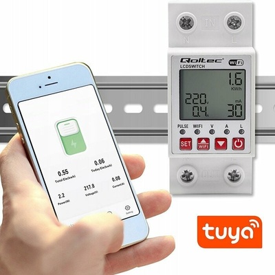 Qoltec Relé na DIN lištu 63A s elektroměrem | Časovač | Túje | Wi-Fi | LED ~