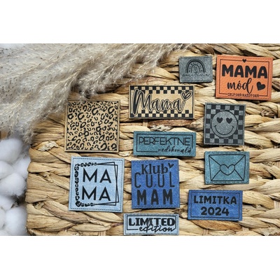 Koženkový štítok Balíček koženkových štítkov MAMA SK PATINA laser koženka: DENIM Bledý jeans/čierna