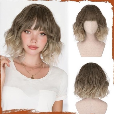 Sofiyan Krátká vlnitá bob paruka s ofinou pro ženy 30 cm blond odstín