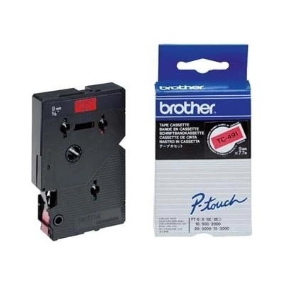 Páska do tlačiarne štítkov Brother, TC-491, 9mm, čierna tlač/červený podklad, O TC491