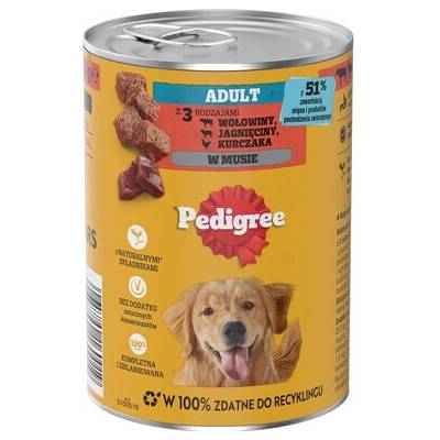 Pedigree Adult s 3 druhmi: hovädzím, jahňacím a kuracím, v mousse 400 g