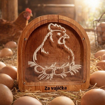 Dřevěná pokladnička slepice – pokladnička za vejce s možností jména