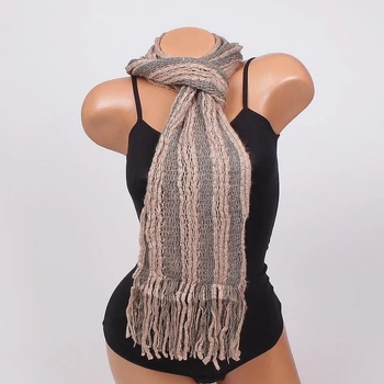 Image 1 of Плетен шал на райе в цвят капучино и сиво с ресни