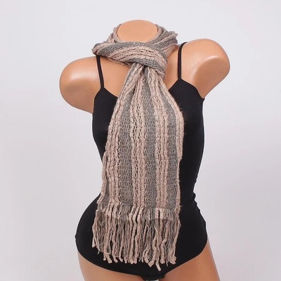 Плетен шал на райе в цвят капучино и сиво с ресни