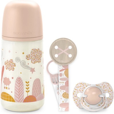 Suavinex sada láhev 270ml + dudlík fyziologický + klip Dreams růžová