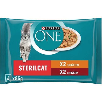 Purina One SterilCat mini filetky s kuraťom a zelenými fazuľkami s hovädzím a mrkvou v šťave 4 x 85 g