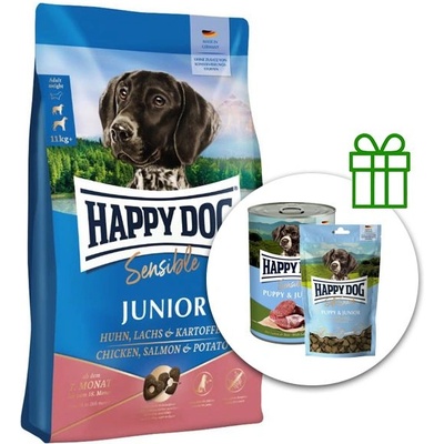Happy Dog Sensible Junior Пиле, Лосос и Картофи 10 кг + 6x консерви Puppy & Junior + 10x Snack БЕЗПЛАТНО
