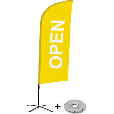 Jansen Display Kompletní sada reklamní vlajky ve tvaru křídla, Otevřeno, žlutá, anglicky Křížová Základna, 1273 x 3030 mm