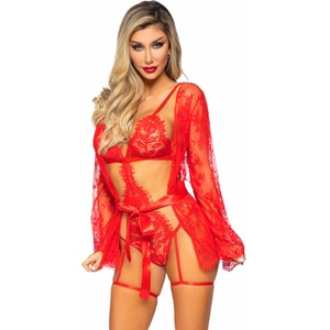 Leg Avenue Teddy, Lace Robe & Ribbon Tie Red M