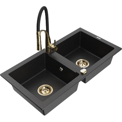 Mexen Mario гранитна мивка с две корита с кухненски смесител Aster, черен/сребрист металик - 6504-73-73450-57-G (6504-73-73450-57-G)
