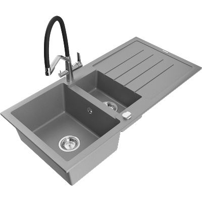 Mexen Andres Гранитна мивка 1, 5-коморна с отцедник и кухненски смесител Duo, сив - 6515-71-671701-07 (6515-71-671701-07)
