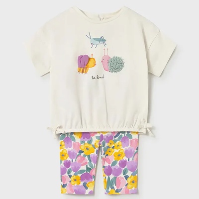 Mayoral Комплект тениска в бял цвят и клин лилави цветя за бебе момиче Mayoral