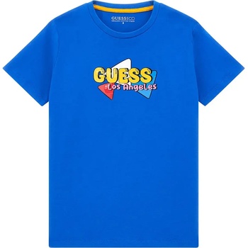GUESS Синя тениска с къс ръкав за момче с малък цветен надпис Guess на лицевата част