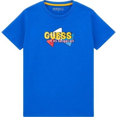 GUESS Синя тениска с къс ръкав за момче с малък цветен надпис Guess на лицевата част