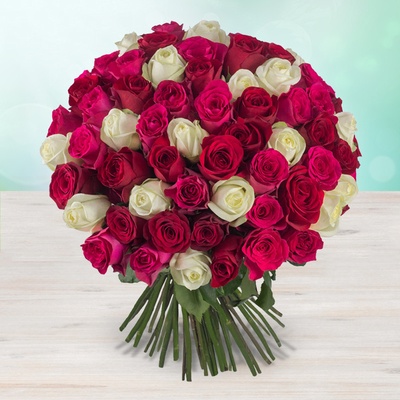Rozvoz květin: Růžové, bílé a červené čerstvé růže svázané do krásné sváteční kytice - 50cm - Vlastní, počet květů - Kladno