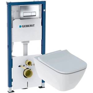 Geberit Скрито казанче и окачена тоалетна чиния Geberit Duofix и пакет с капак с плавно затваряне Geberit Smyle Square slim (458.128.21.2+500.683.00.2)