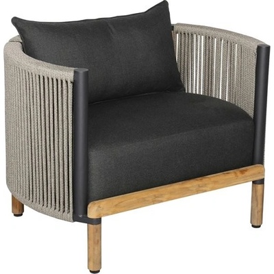 Mindo Nízké křeslo Mindo 107, 93,5x77x66,5 cm, rám lakovaný hliník Dark Grey, teak, lankový výplet Beige Brown, sedáky venkovní látka Sooty