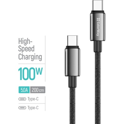 ColorWay CW-CBPDCC099-BK USB-C – USB-C (zinková zliatina, nylonové opletenie) PD Fast Charging 100W 5A 2m černý