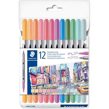 STAEDTLER Флумастри Staedtler 3200, двувърхи, 12 цвята, ПАСТЕЛНИ (34185-А-ПАСТЕЛНИ)