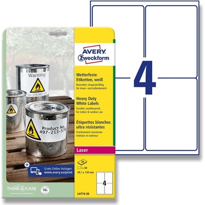 Avery Zweckform L4774-20 samolepicí bílé PET etikety 99,1 x 139,0 mm 80 etiket