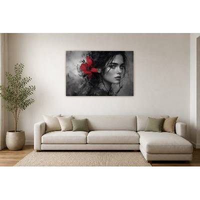 Obraz na plátně – Monochromní portrét s červeným květem 135 × 90 cm