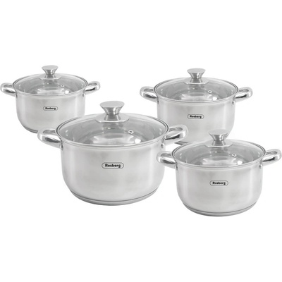 Rosberg Комплект тенджери Rosberg R51210L8, 8 части, Двойно дъно, 1.8-5.8 литра, Индукция, Инокс (55R51210L8)