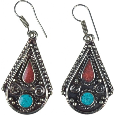 Sanu Babu Nepálské visací naušnice vykládané tyrkenitem a korálem 50 mm kov