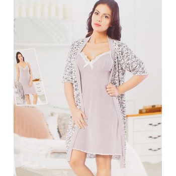 Комплект нощница и халат в бяло с цветя и райе