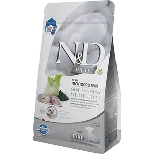 Farmina N&D DOG GRAIN FREE Spirulina White Dog Sea Bass & Fennel Puppy Mini - пълноценна суха храна без зърнени култури за подрастващи кученца с бяла козина от мини породи породи, с лаврак, спирулина и фенел 