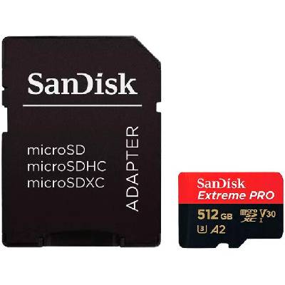 Extreme PRO microSDXC 512GB + SD Adapter + 2 years RescuePRO Deluxe up to 200MB/s & 140MB/s Read/Write speeds A2 C10 V30 UHS-I U3, EAN: 619659188566 (SDSQXCD-512G-GN6MA)