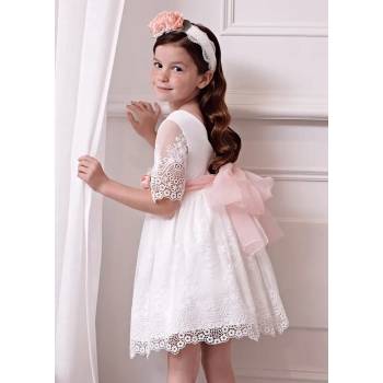 Image 1 of Abel & Lula Нежна официална рокля в бяло за мини момиче с дантела и 7/8 ръкав Abel&Lula с розово коланче и текстилно цвете