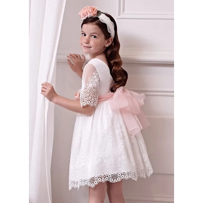 Abel & Lula Нежна официална рокля в бяло за мини момиче с дантела и 7/8 ръкав Abel&Lula с розово коланче и текстилно цвете