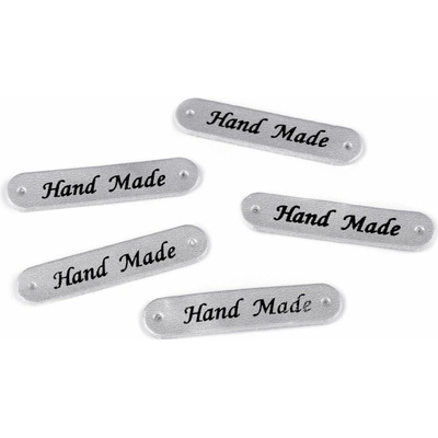 Nášivka / štítek z eko kůže Hand Made 10x48 mm - stříbrná metalic (5 ks)