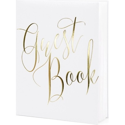 PartyDeco Svatební kniha hostů bílá se zlatým psacím nápisem Guest Book