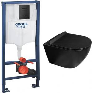 Rune Комплект казанче за вграждане Grohe Solido 3 в 1 с черен бутон Even, плюс конзолна тоалетна чиния Rune Ivaldi Grande с капак softclose (38811KF0+5940541335832)