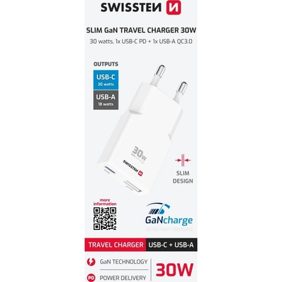 Swissten tenký síťový adaptér GaN USB-C + USB-A 30w bílý | Zboží Auto
