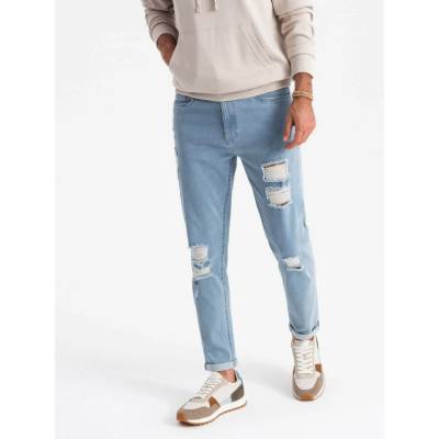 Ombre Wash men's TAPER FIT denim pants with rubbing blue modrá