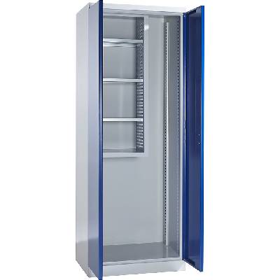 EUROKRAFT Skříň na přístroje a čisticí prostředky ,šířka 750 mm, plné plechové dveře ,světlá šedá / enciánová modrá