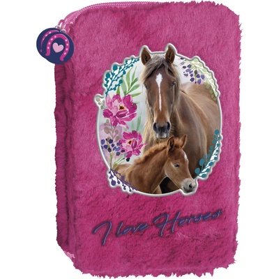 DERFORM Ученически несесер Derform Horses - с 2 ципа, плюшен (68975)