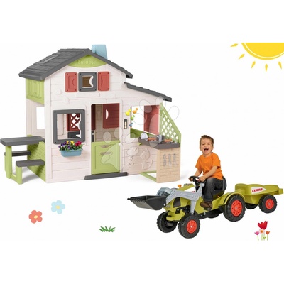Smoby Set domček Priateľov a traktor na šliapanie Friends House Life s prívesom nakladačom a kuchynka so zvončekom