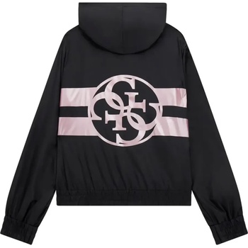 GUESS Яке ветровка за момиче в черен цвят с качулка и голямо розово лого Guess на гърба