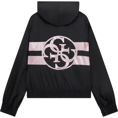 GUESS Яке ветровка за момиче в черен цвят с качулка и голямо розово лого Guess на гърба