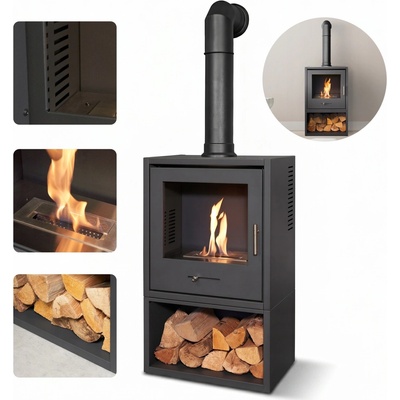 OKO S3 Bio Ethanol Stove with Log Storage in Grey & Tall Angled Stove Pipe