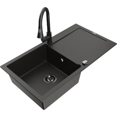 Mexen Leo мивка от гранит с 1 отделение с отцедник и кухненски смесител Elia, черно/златен металик - 6501-75-670101-70-B (6501-75-670101-70-B)