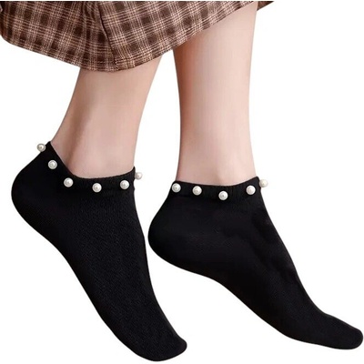 Дамски къси чорапи в черен цвят с перли