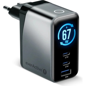 everActive GaN зарядно устройство 1xUSB, 2xUSB-C, Quick Charge 4+, 67W, черен (SC-670Q)